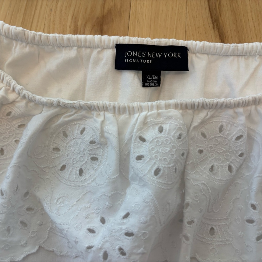 90s Jones New Tork White Off Shoulder Eyelet Blouse Preppy Corset Size XL - Picture 2 of 8